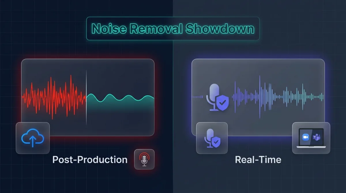 Adobe Podcast Enhance vs Krisp comparison overview infographic.