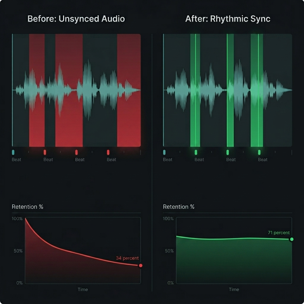 Workflow diagram showing advanced rhythmic synchronization between speech waveforms and musical beats.