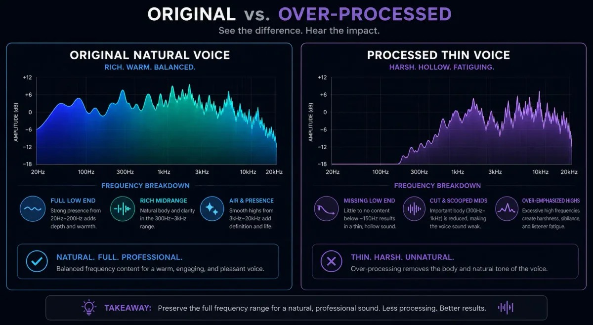Split comparison infographic showing Full Body Voice vs Thin/Hollow Voice after AI processing.