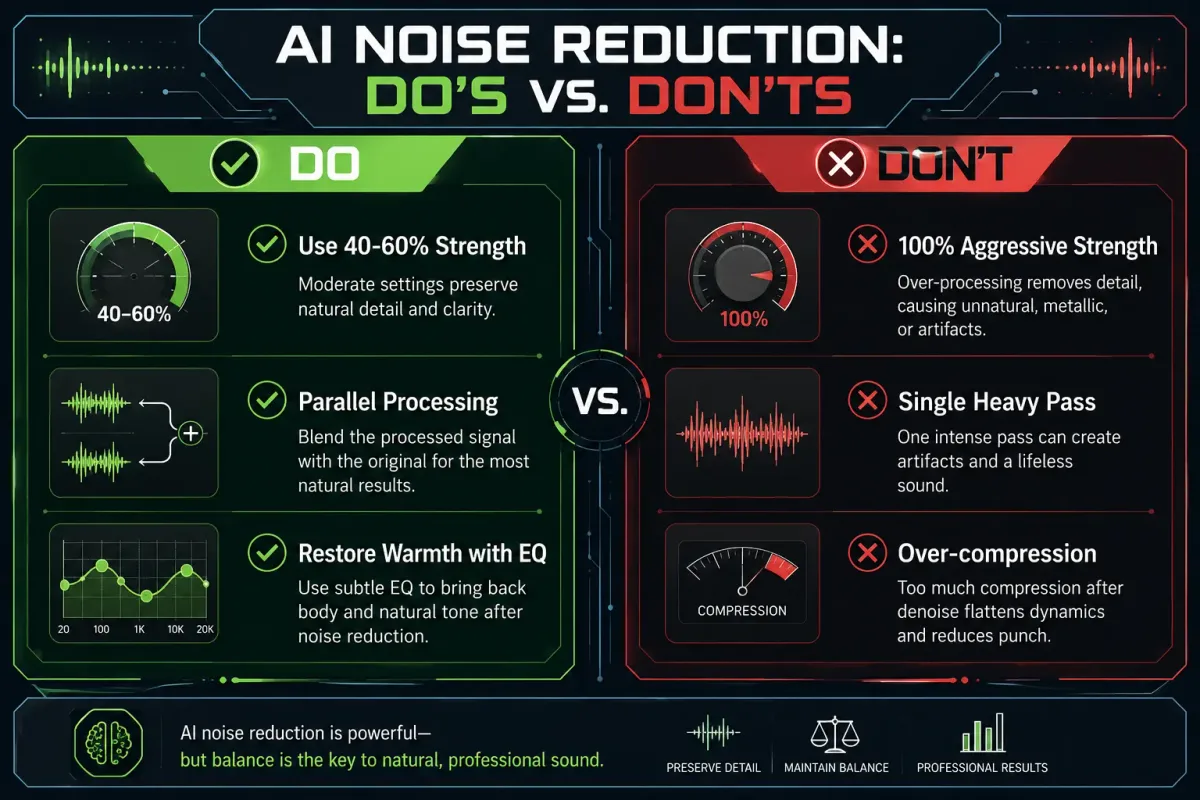 Checklist infographic showing the Do's and Don'ts of AI noise reduction for professional voice quality.