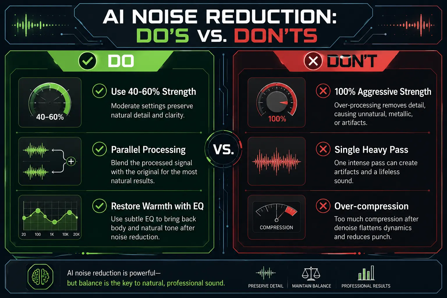 Checklist infographic showing the Do's and Don'ts of AI noise reduction for professional voice quality.