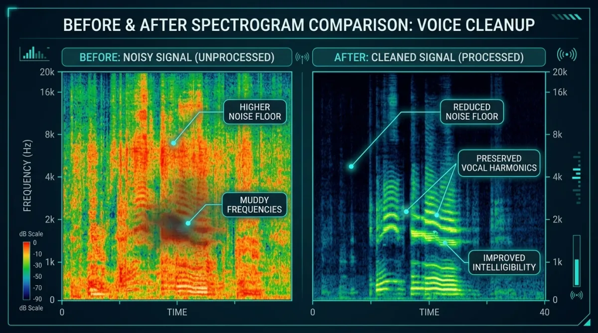 Before-and-after spectrogram comparison showing a lower steady noise floor while the main speech harmonics remain visible.