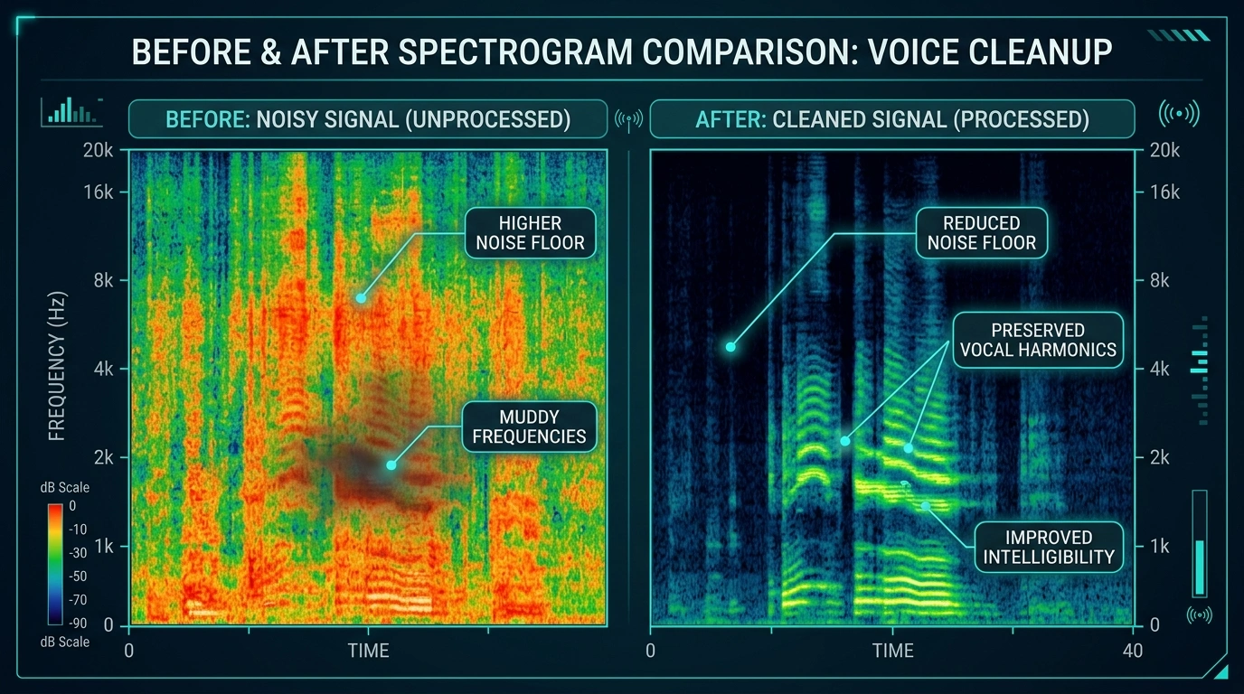 Before and after spectrogram comparison showing lower noise floor while preserving vocal harmonics and clarity.