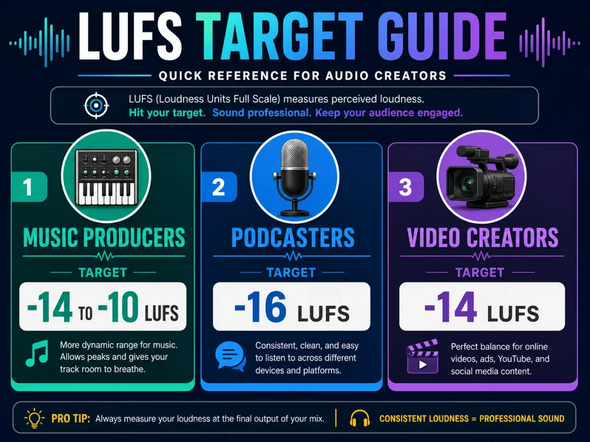 Guide showing LUFS targets for music producers, podcasters, and video creators.