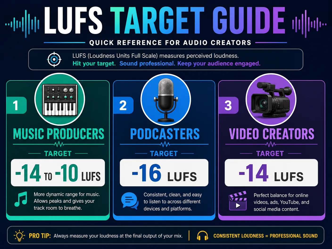 Guide showing LUFS targets for music producers, podcasters, and video creators.
