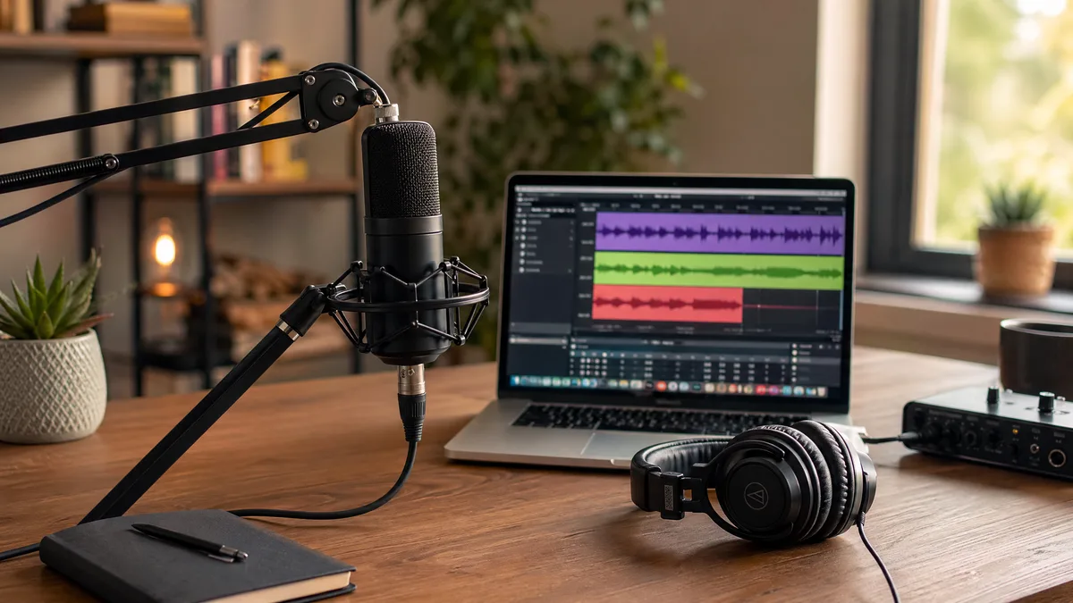 A professional home studio setup with a microphone and laptop.