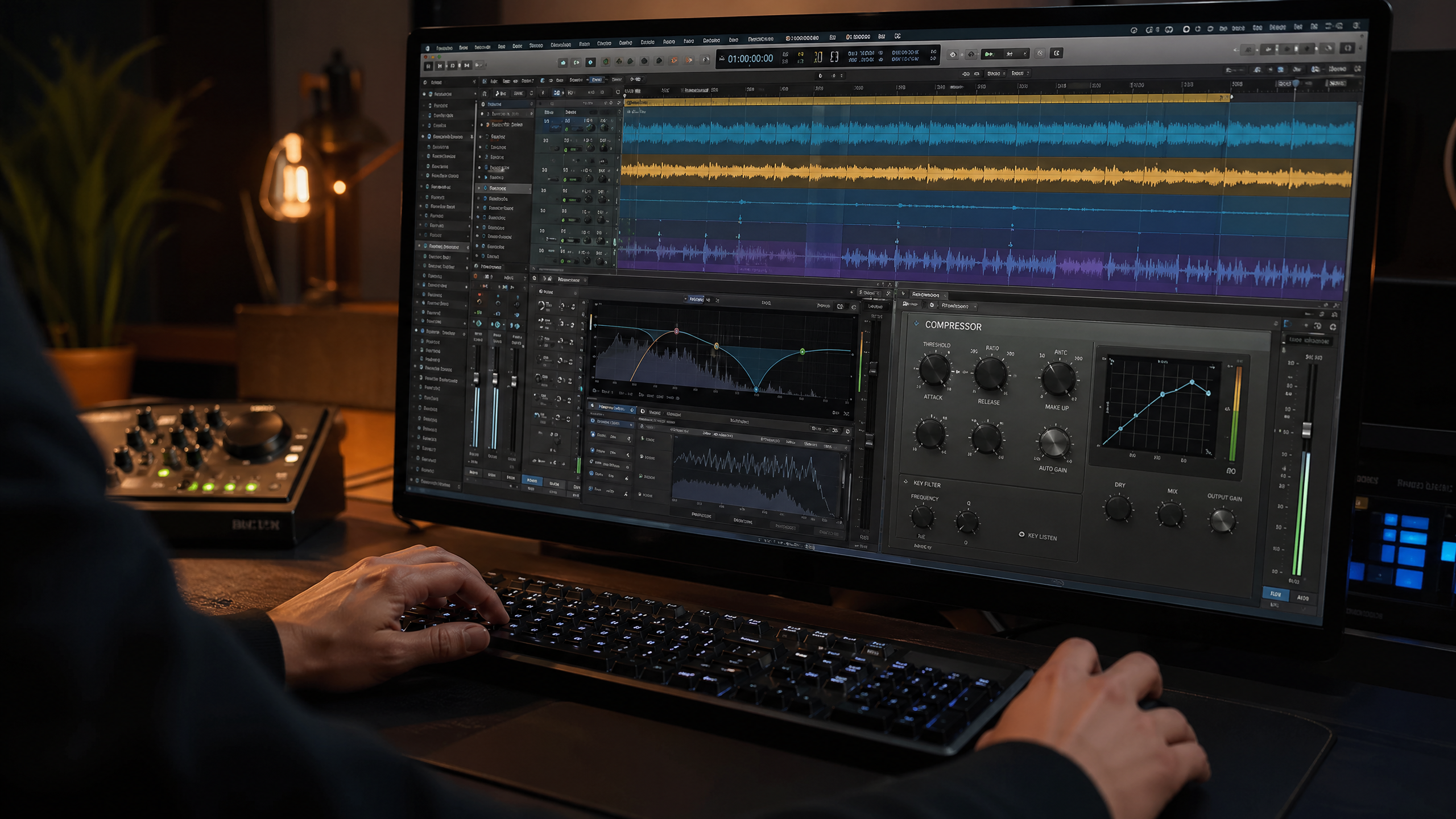 Hands editing audio on a computer monitor with a detailed waveform.