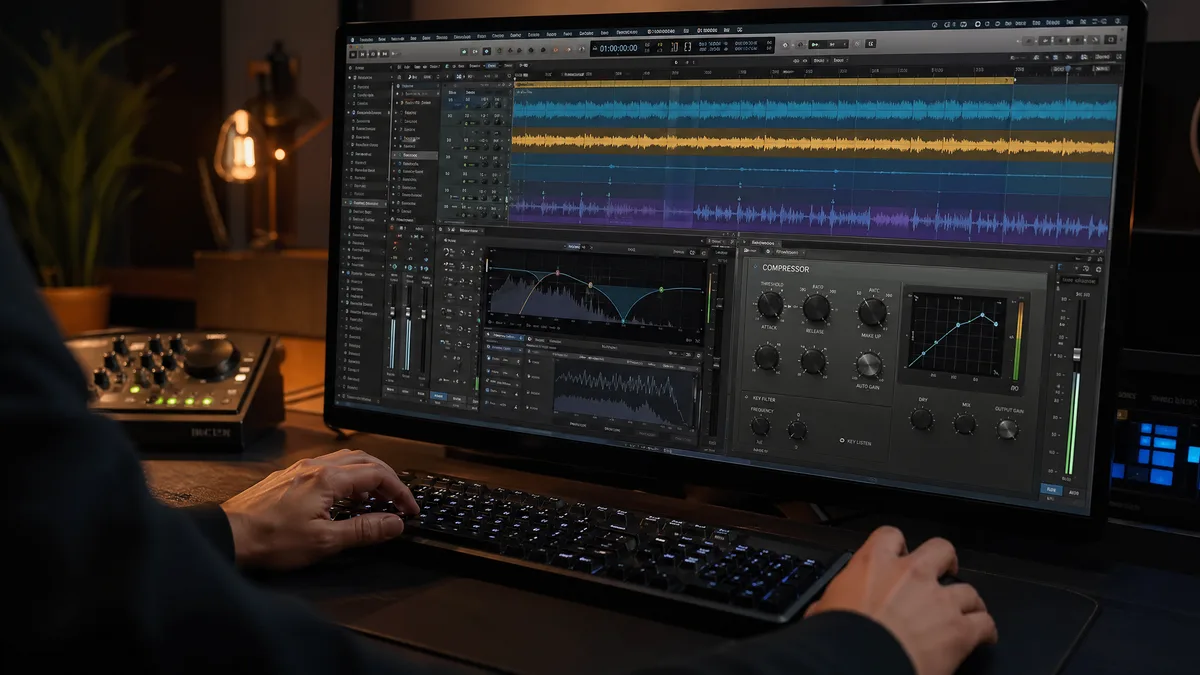 Hands editing audio on a computer monitor with a detailed waveform.