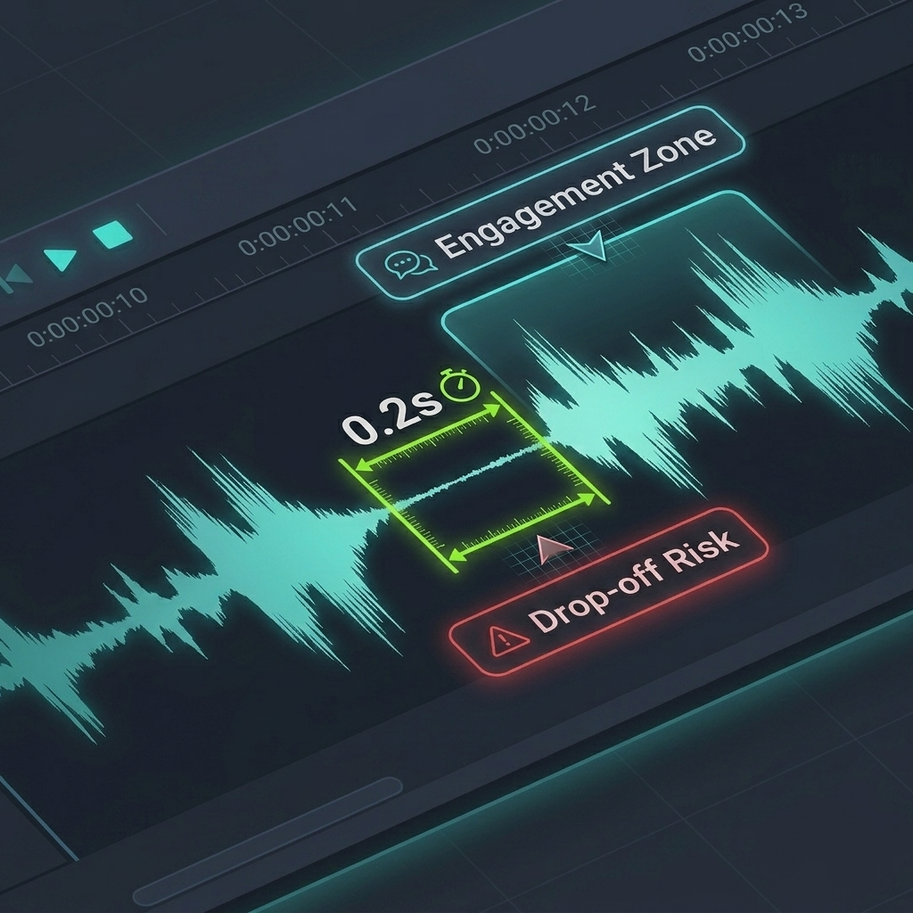 A professional waveform illustration explaining the 0.2 second audio gap concept in YouTube Shorts.