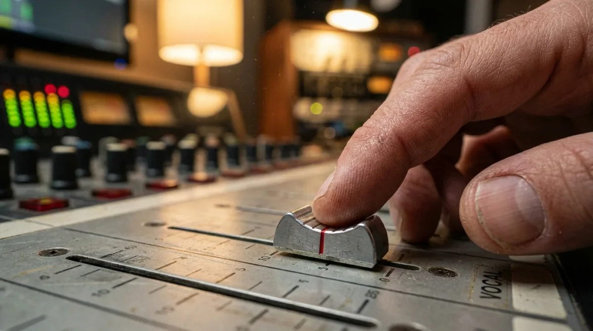Engineer monitoring LUFS loudness on a mixing console before a YouTube upload