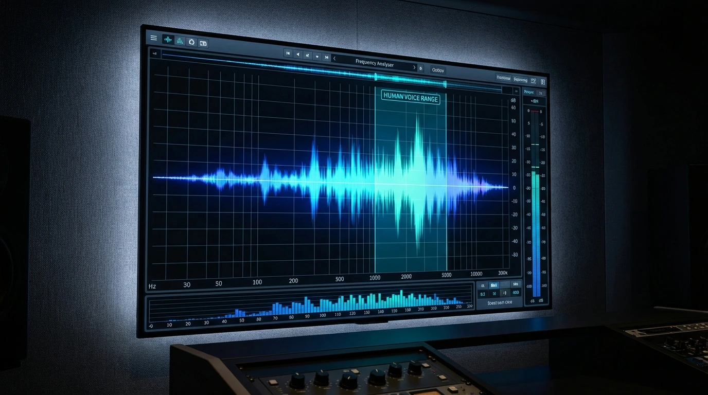 Audio frequency spectrum highlighting the critical 300Hz to 3kHz voice intelligibility range