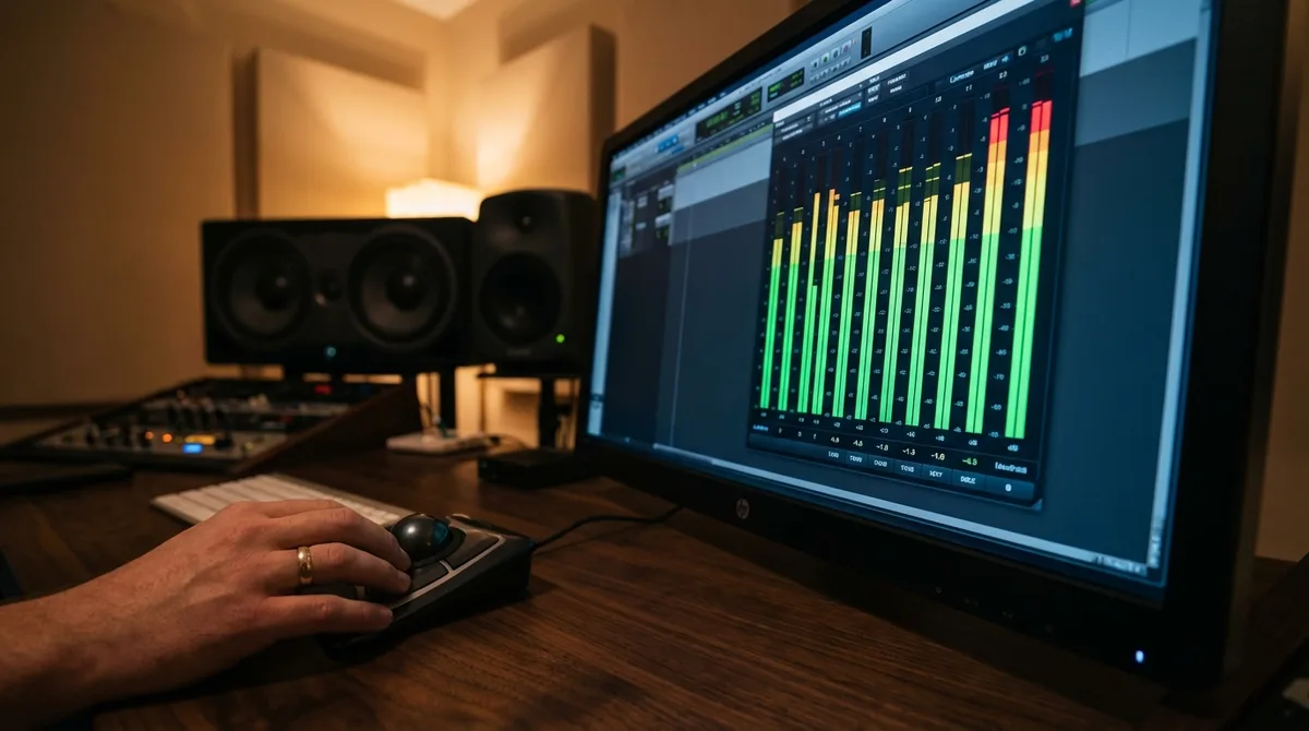 YouTube LUFS Audio Normalization Meter showing minus 14 LUFS target level on a professional software interface