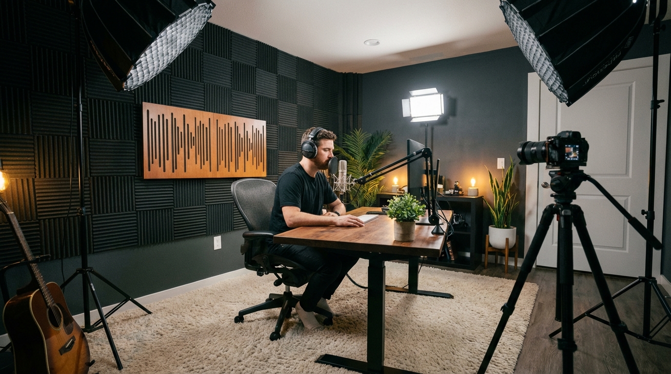 Home studio audio troubleshooting setup showing pop filter and acoustic treatment placement