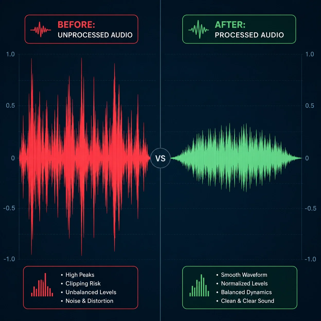 Side-by-Side: Before and After Audio Processing Waveform Comparison