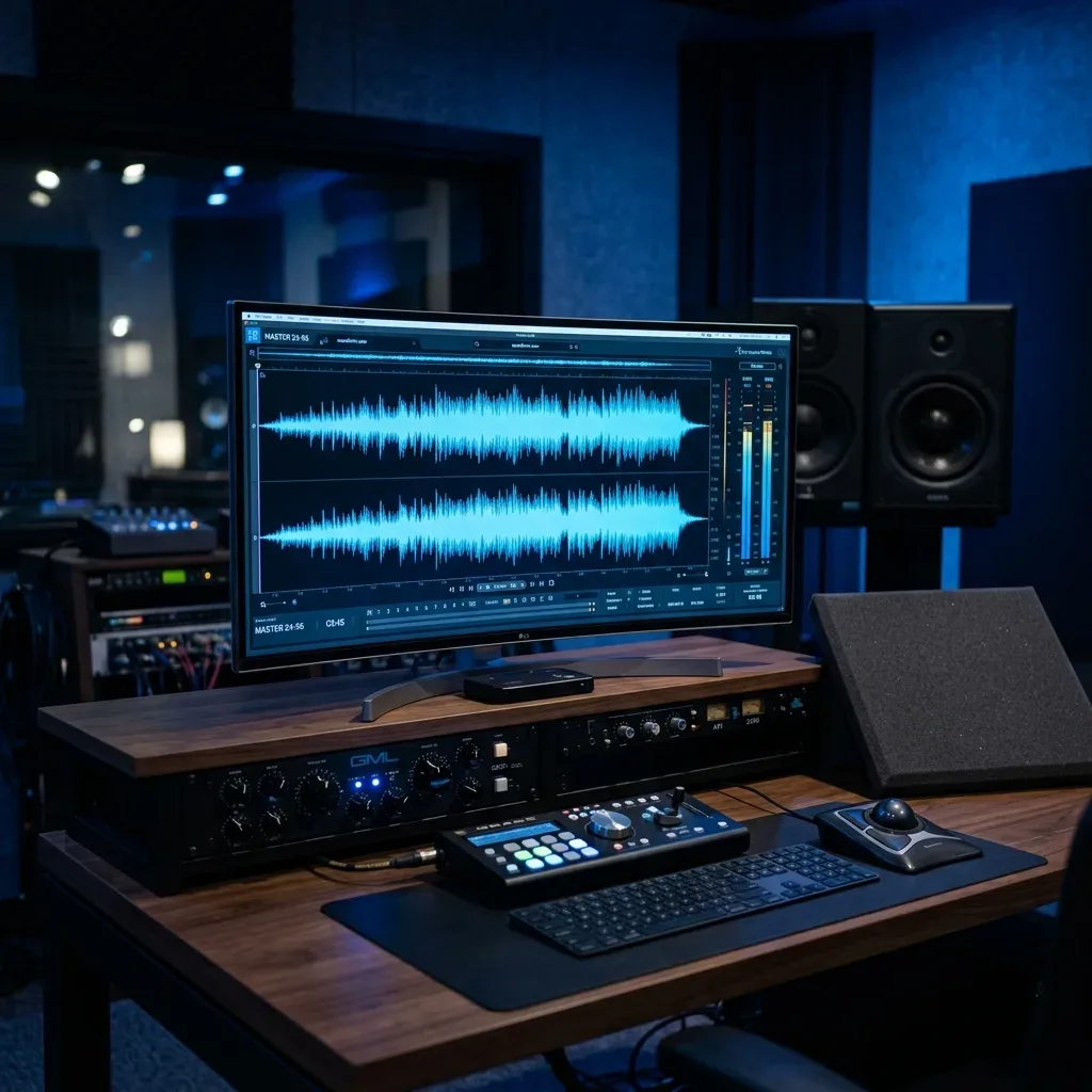 Engineer mastering a podcast episode to the -14 LUFS target in a professional studio