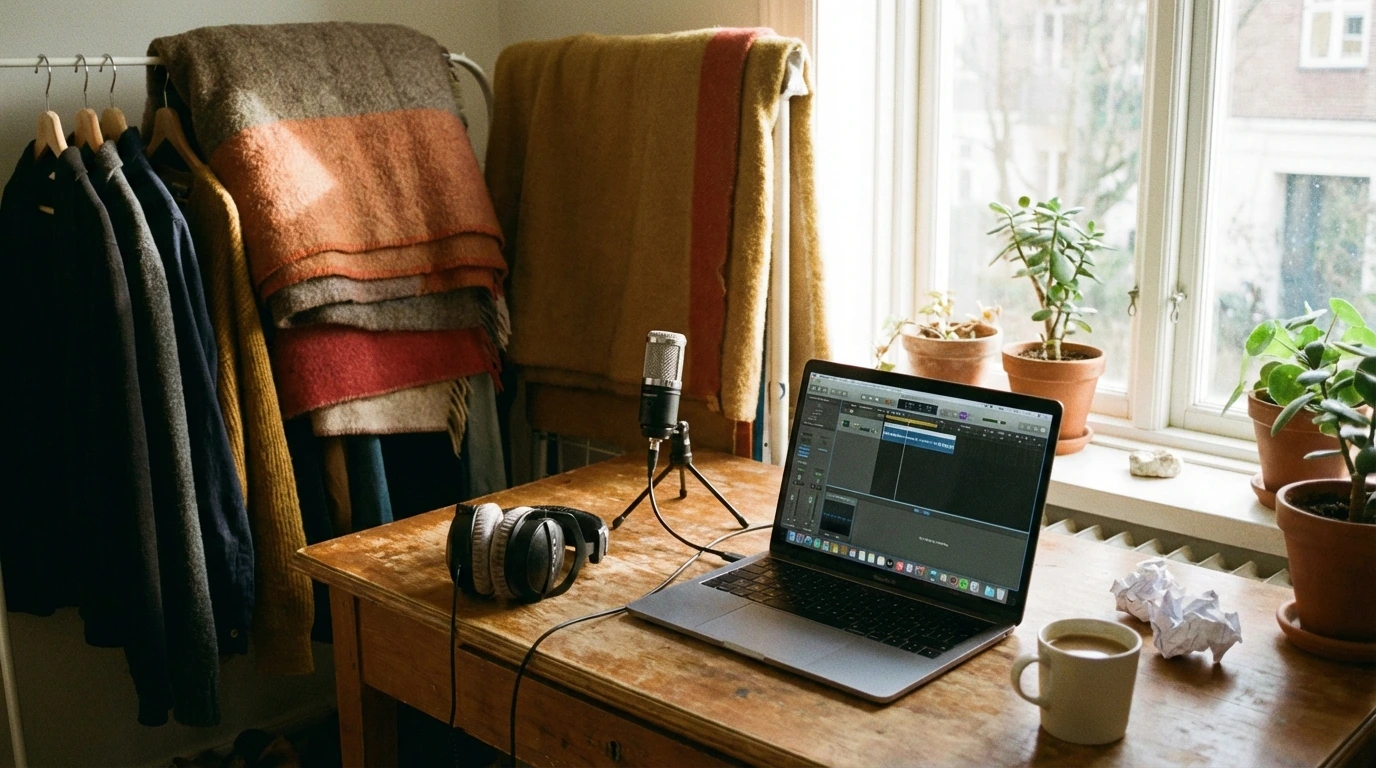 Budget-friendly home audio recording setup with condenser microphone and acoustic foam panels
