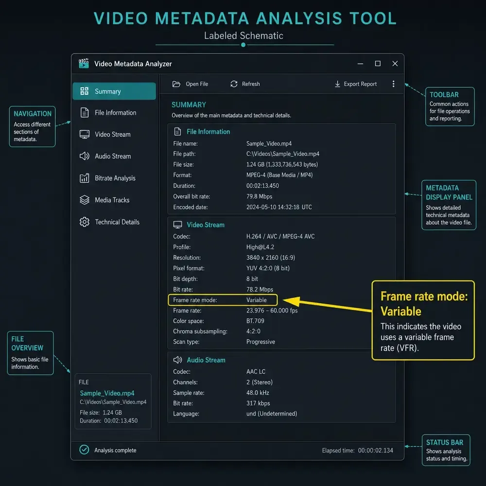 MediaInfo tool detecting variable frame rate (VFR) in a video file metadata panel