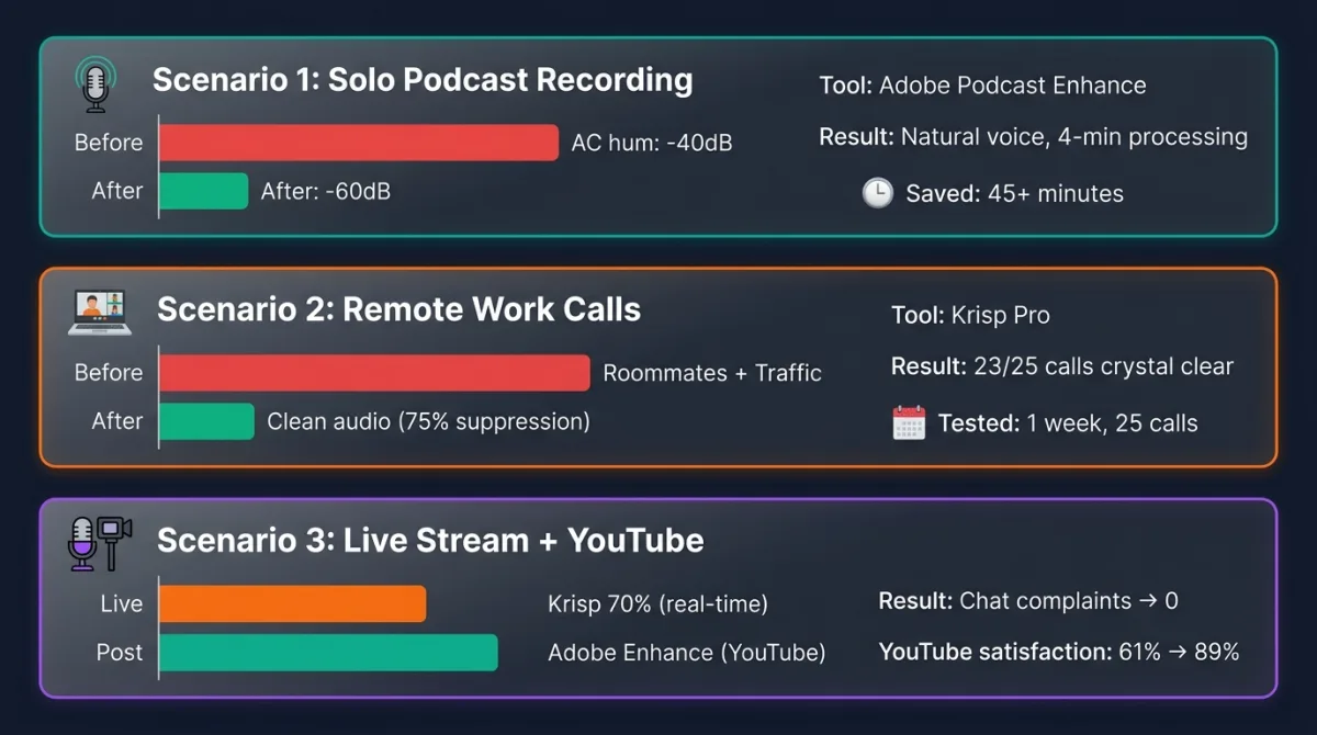 Case study comparison for podcasters, remote workers, and streamers.
