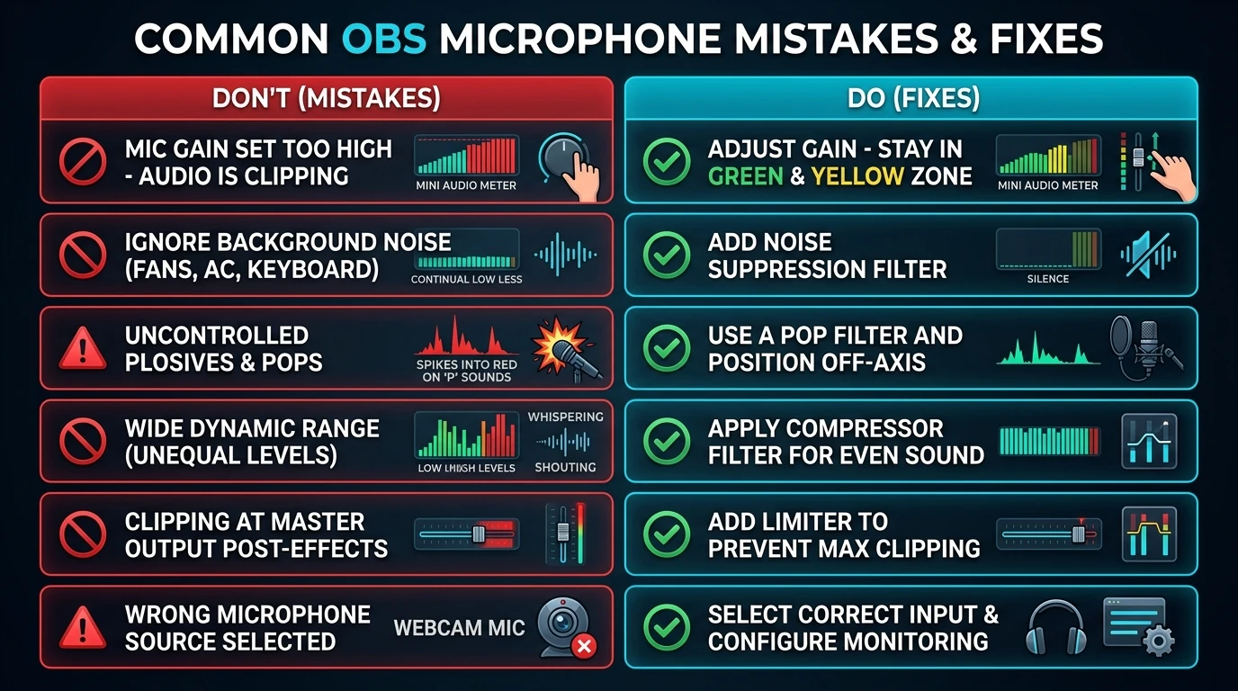 infographic of common OBS mic mistakes and fixes
