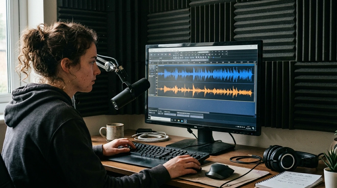 Modern content creator workspace with professional microphone headphones and dual monitor audio editing setup