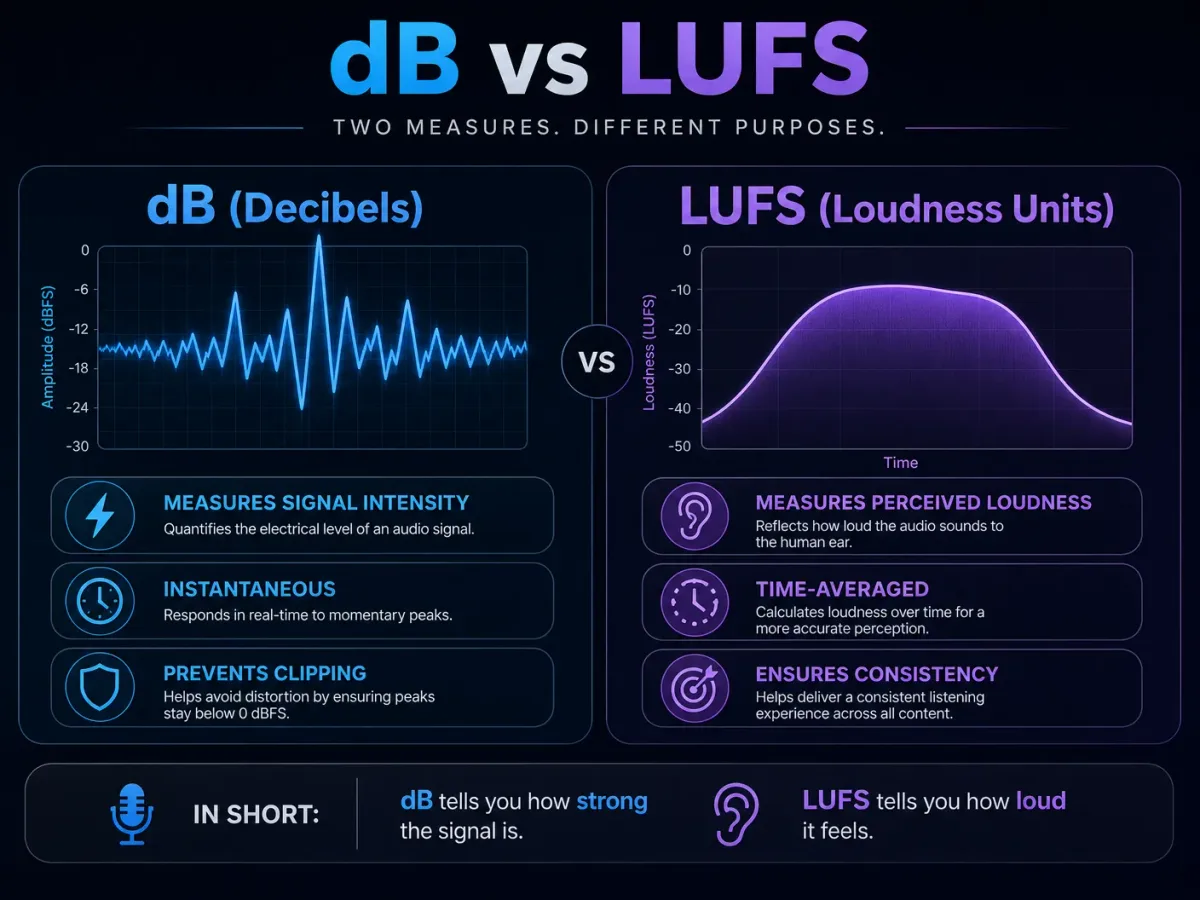 Comparison infographic between dB and LUFS standards.