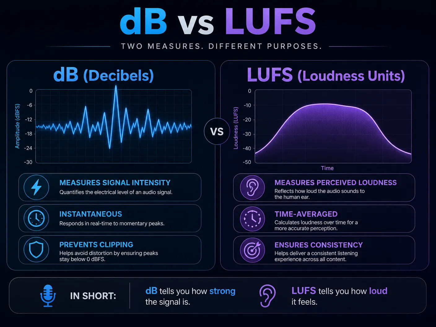 Comparison infographic between dB and LUFS standards.