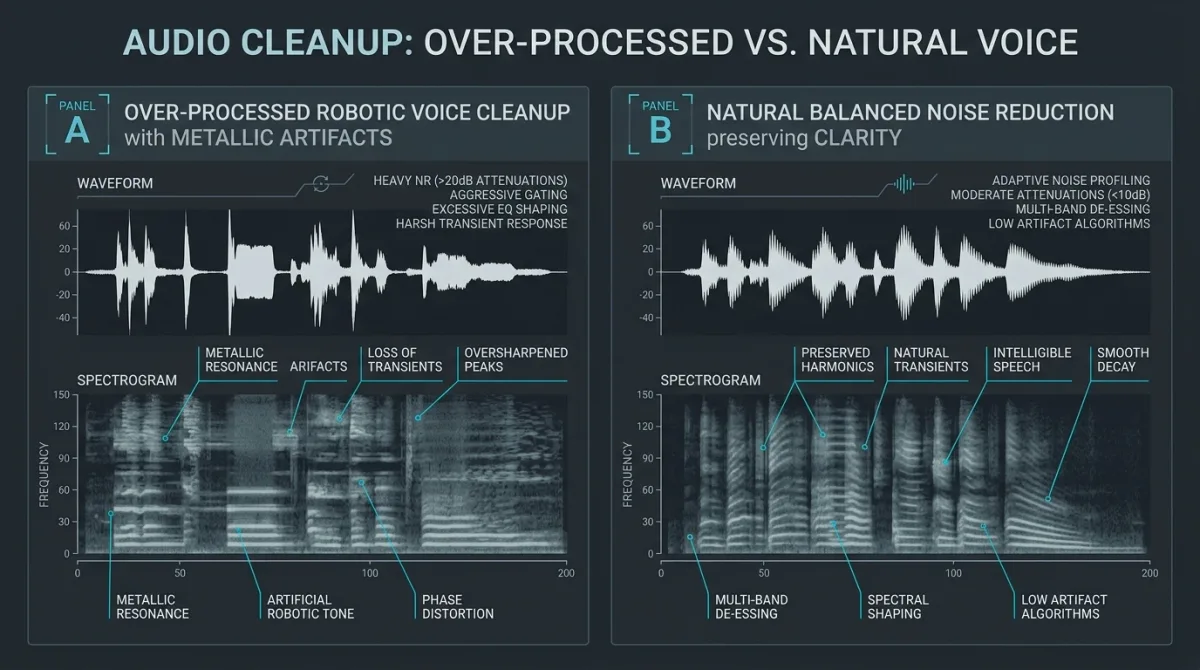 Waveform and spectrogram comparison: natural voice cleanup beside over-processed robotic audio
