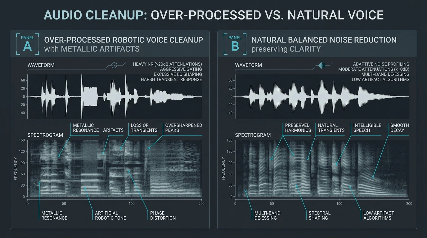 Side by side comparison of over processed robotic audio versus balanced natural noise reduction with waveform and spectrogram callouts.