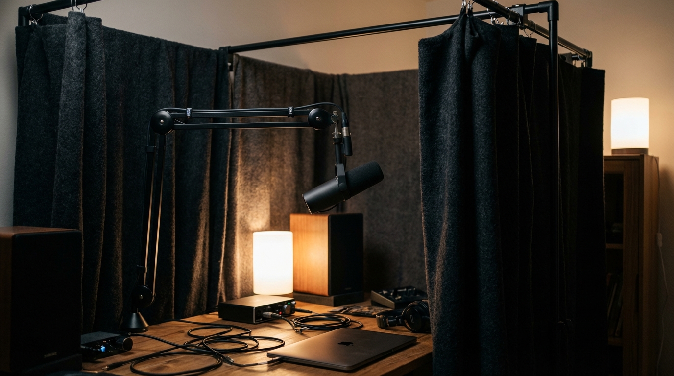 Simple DIY home recording setup showing a podcast microphone surrounded by soft blankets to absorb echoes