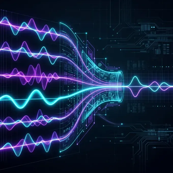 Futuristic dark-mode visualization of multi-channel audio funneling down into a clean 2-channel joint stereo waveform