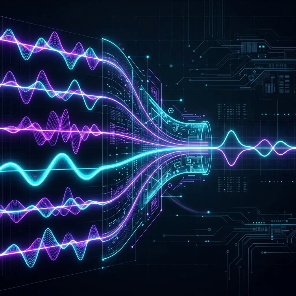 Futuristic dark-mode visualization of multi-channel audio funneling down into a clean 2-channel joint stereo waveform