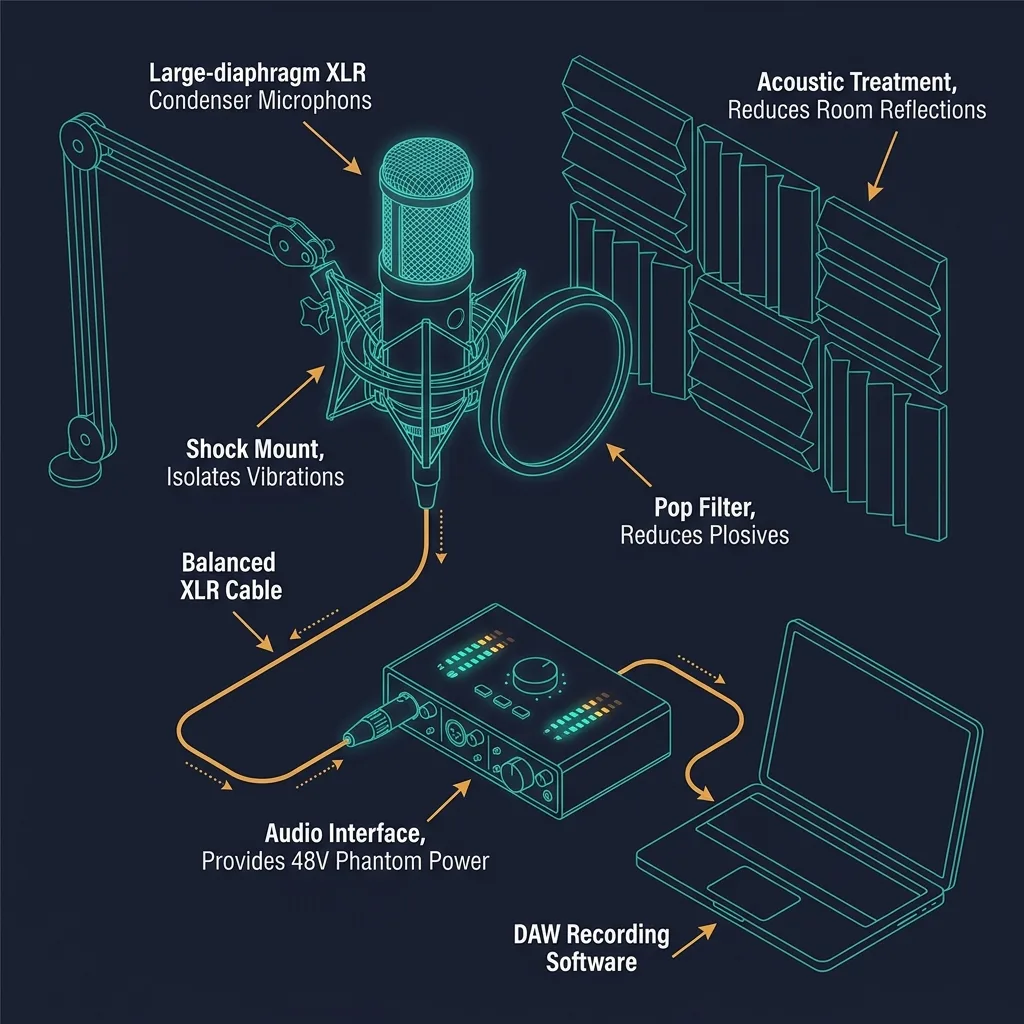 Home studio mic placement diagram with pop filter, shock mount, stand, and acoustic treatment