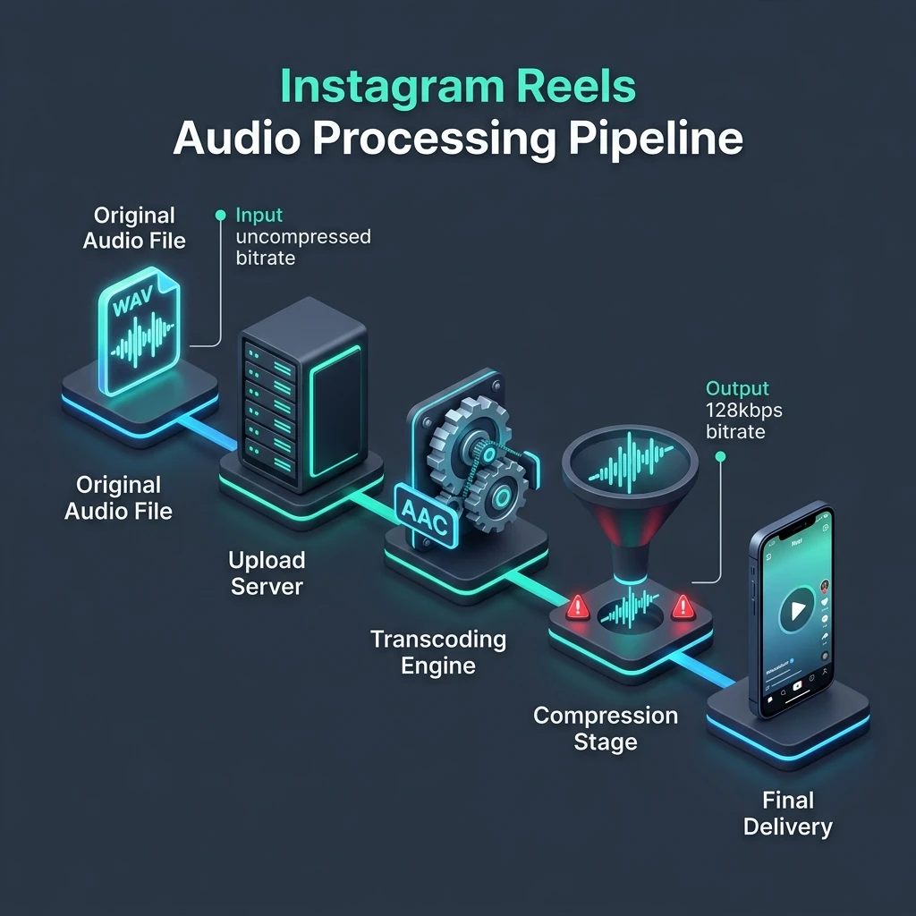 Visual explanation of Instagram Reels upload-to-playback audio processing chain.
