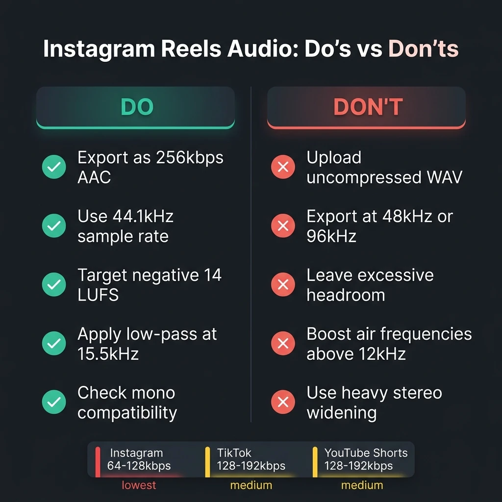 Quick comparison chart of platform settings and recommended Instagram 2026 audio setup.