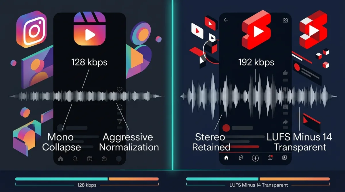 Instagram Reels vs YouTube Shorts Audio Comparison infographic showing side-by-side platform behavior.