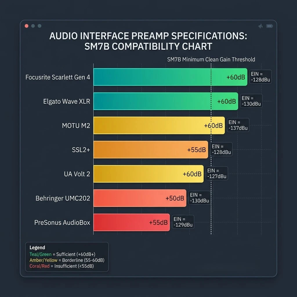 Audio interface preamp Equivalent Input Noise (EIN) vs Gain specification visual chart.