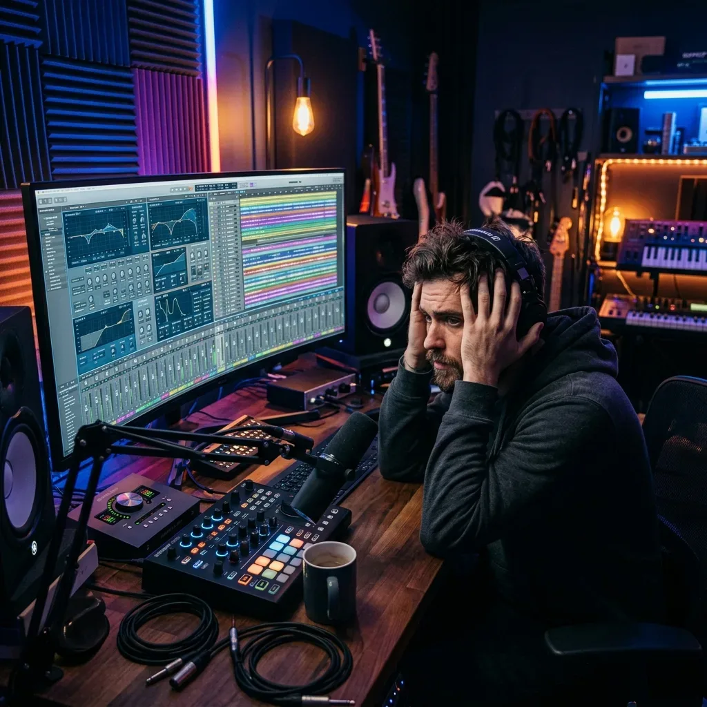 Content Creator looking overwhelmed by complex audio software interface