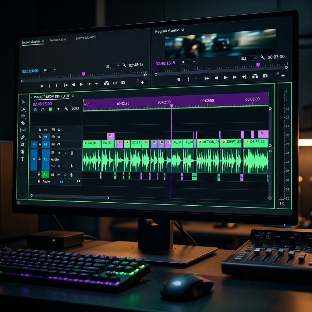 A video editing software timeline showing multiple tight jump cuts in an audio waveform with neon UI elements