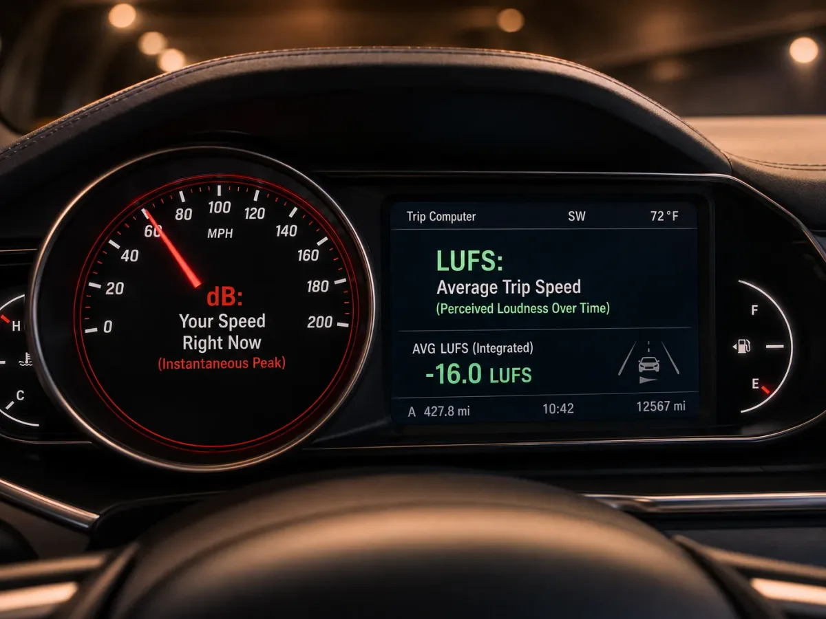 A car dashboard showing speedometer as dB and trip computer as LUFS.