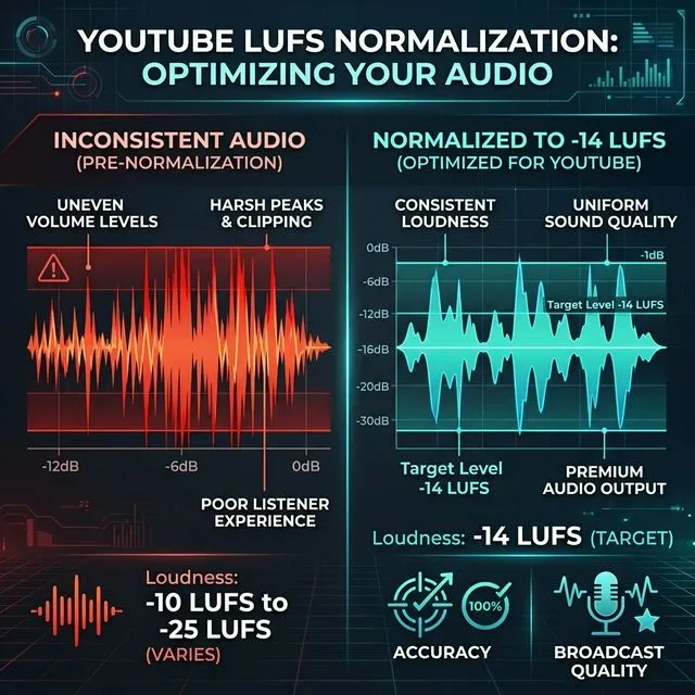 Comparison infographic showing inconsistent fluctuating audio peaks versus balanced normalized audio at -14 LUFS standard