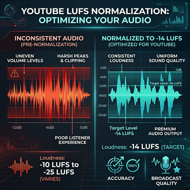 Comparison infographic showing inconsistent fluctuating audio peaks versus balanced normalized audio at -14 LUFS standard