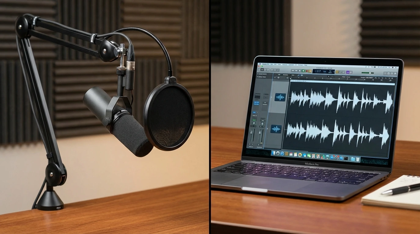 Comparison of professional condenser microphone versus built-in laptop mic for audio recording