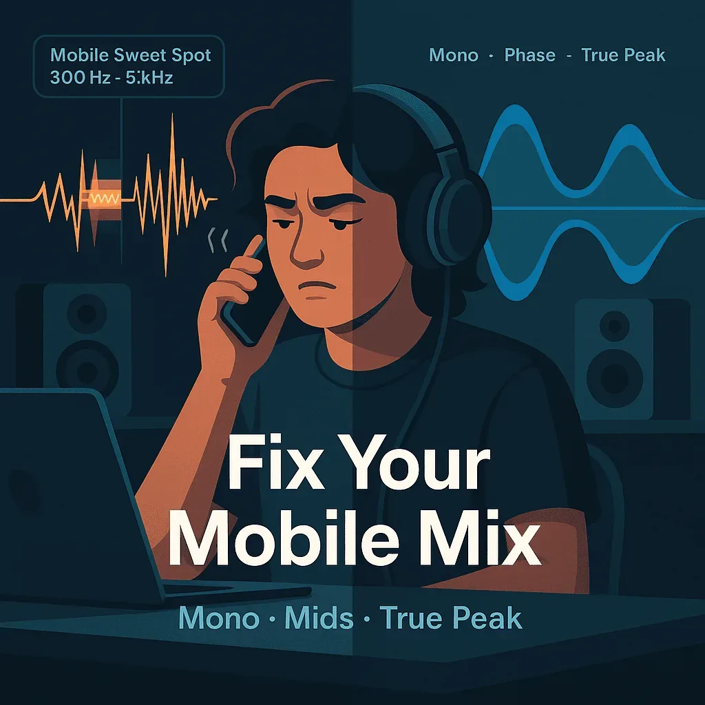 Professional Audio Engineer checking a mix on a smartphone in a studio environment