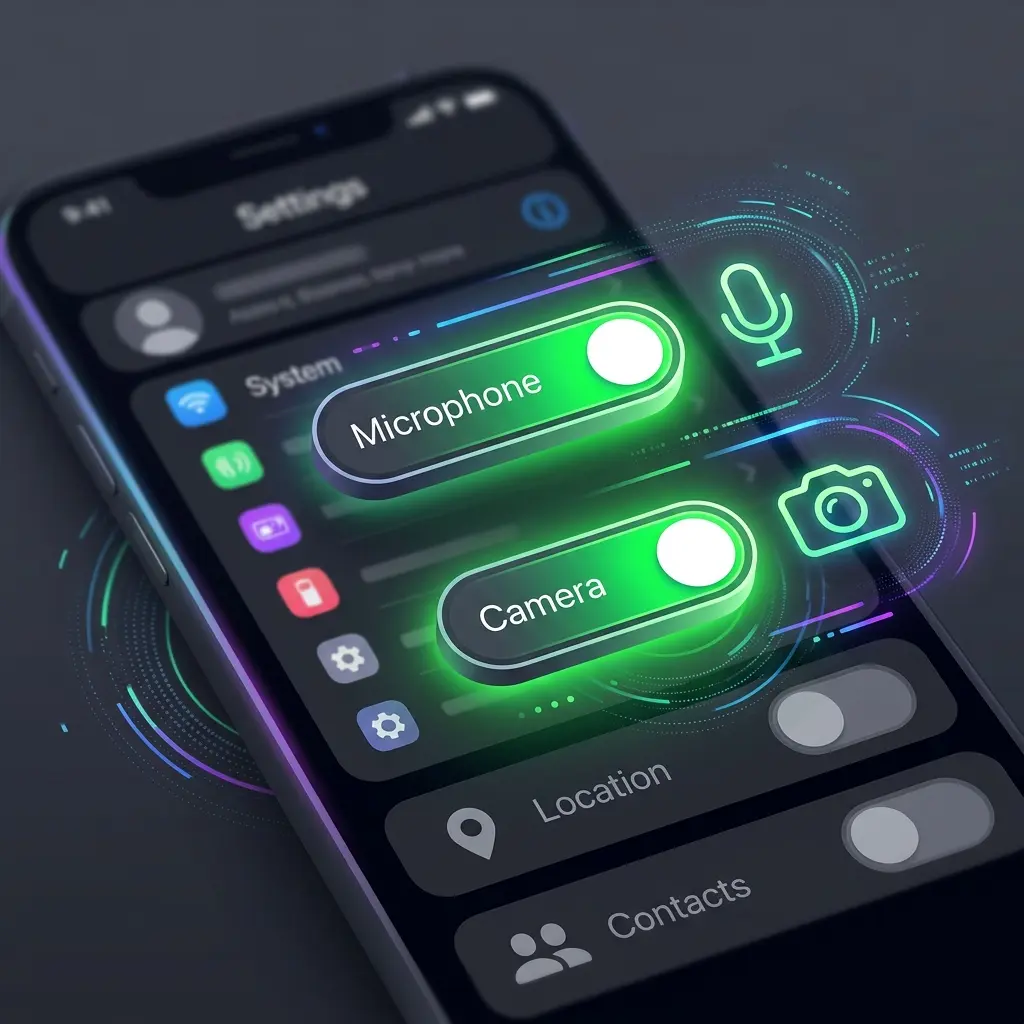 Granular privacy and permissions settings toggled on for Microphone and Camera access on a dark UI interface