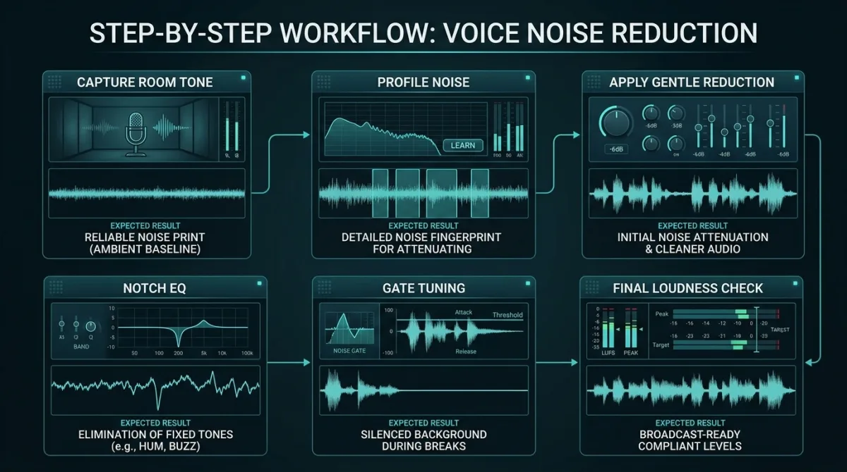 Six-stage voice cleanup workflow from original recording through light reduction to final export