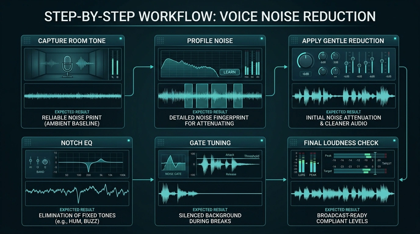 Six stage voice noise reduction workflow showing raw input, noise profile, reduction settings, EQ, gate, and final mastering output.