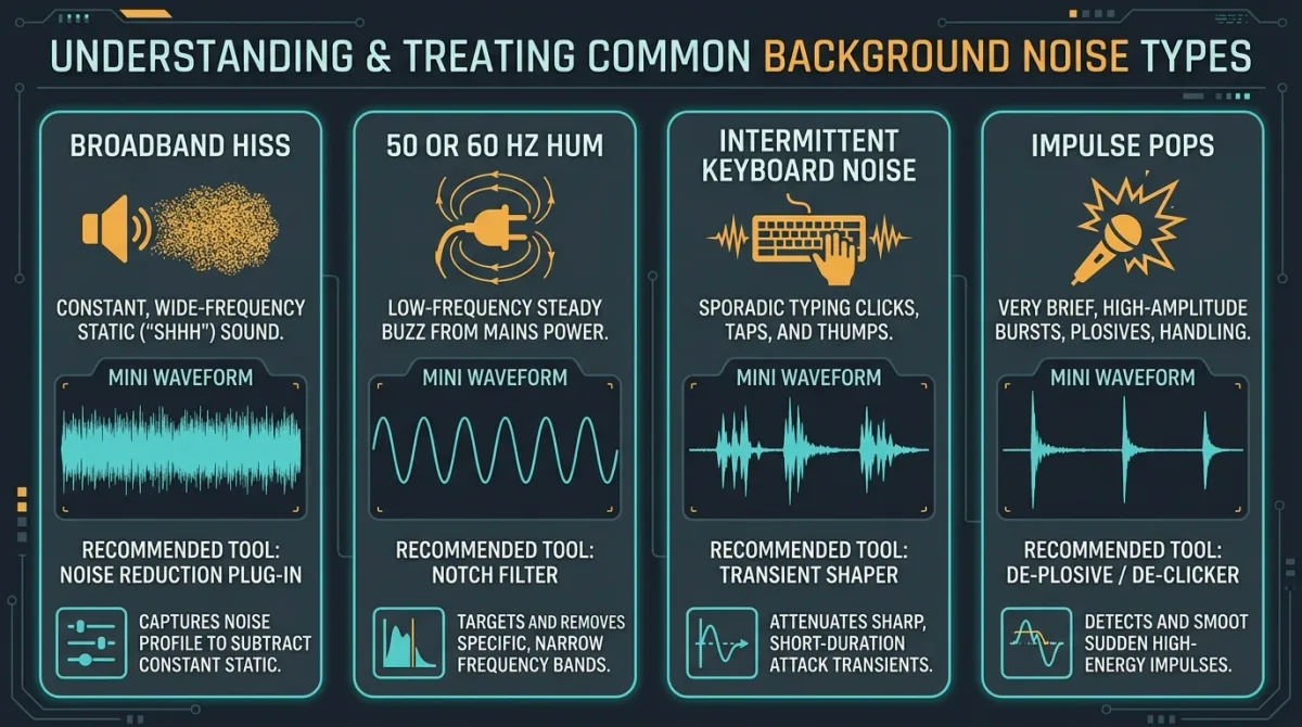 Chart mapping hiss, hum, clicks, wind, and room reflections to the right repair approach