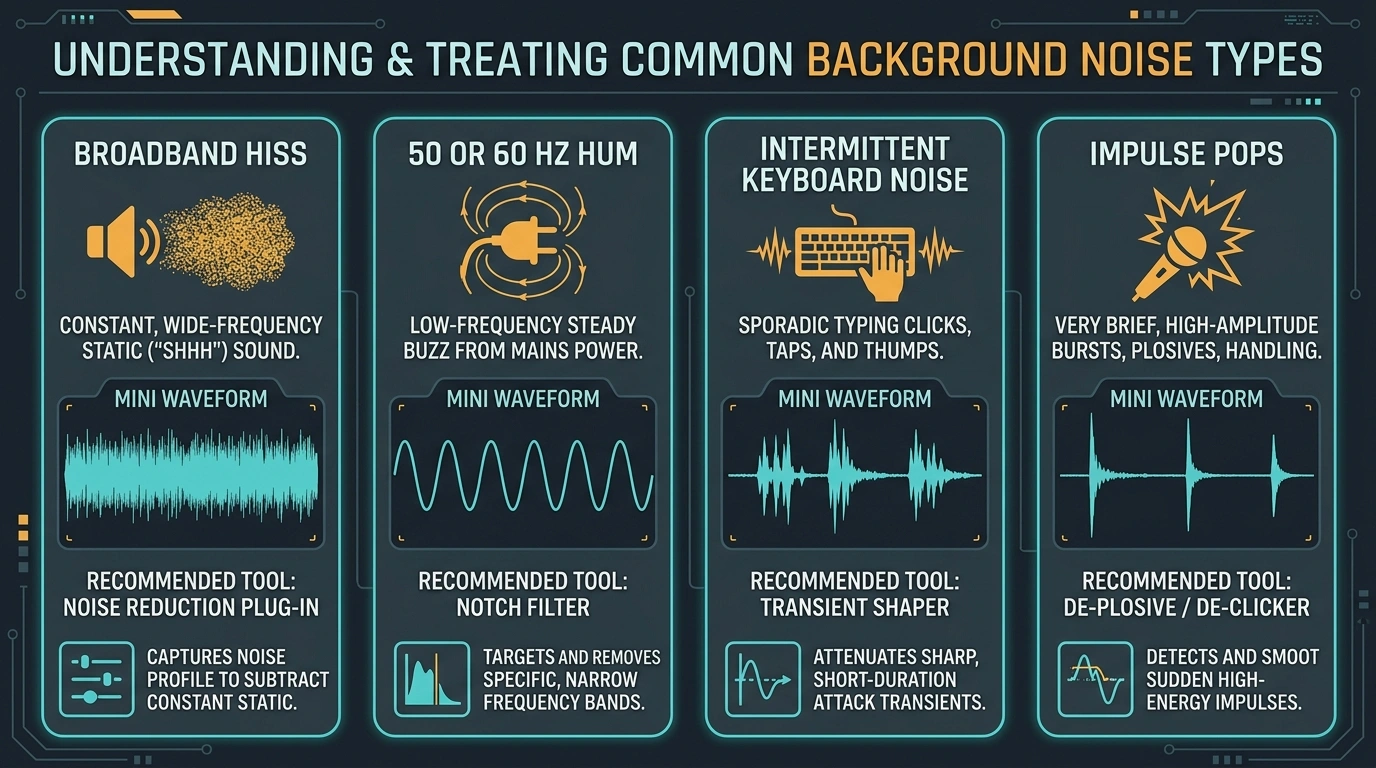 Infographic of background noise types with best treatment methods including hiss, hum, intermittent noise, and impulse noise.