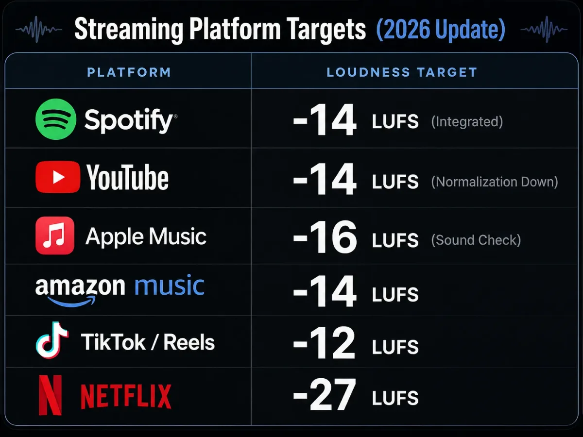 Table of 2026 loudness standards for Spotify, YouTube, Apple Music, and Netflix.