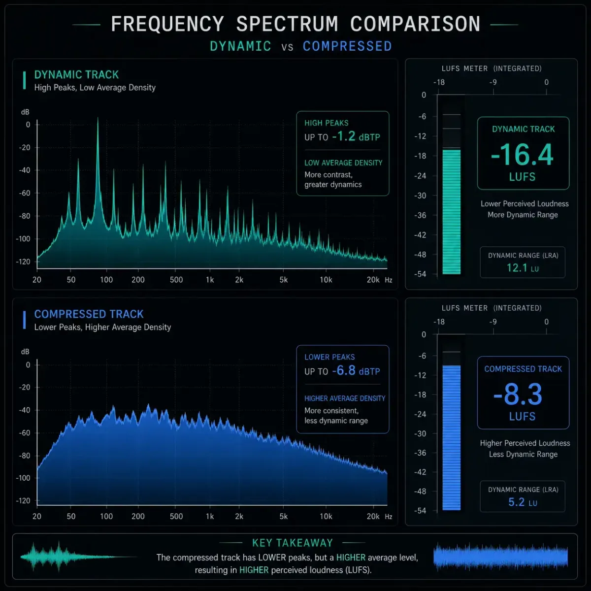 Podcast LUFS comparison chart showing why equal peak levels can still sound different in perceived loudness.